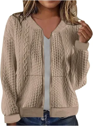 Women's Zip Up Cable Knit Sweater Long Sleeve Open Front Cardigan Warm Cardigan with Pockets Outwear Coats