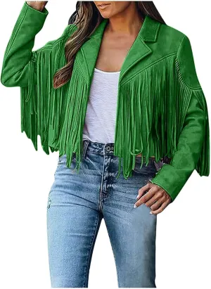 Xiaojmake Women's Fringe Jackets Faux Suede Leather Jackets Tassel Motorcycle Cropped Coats Lapel Open Front Blazer Jacket