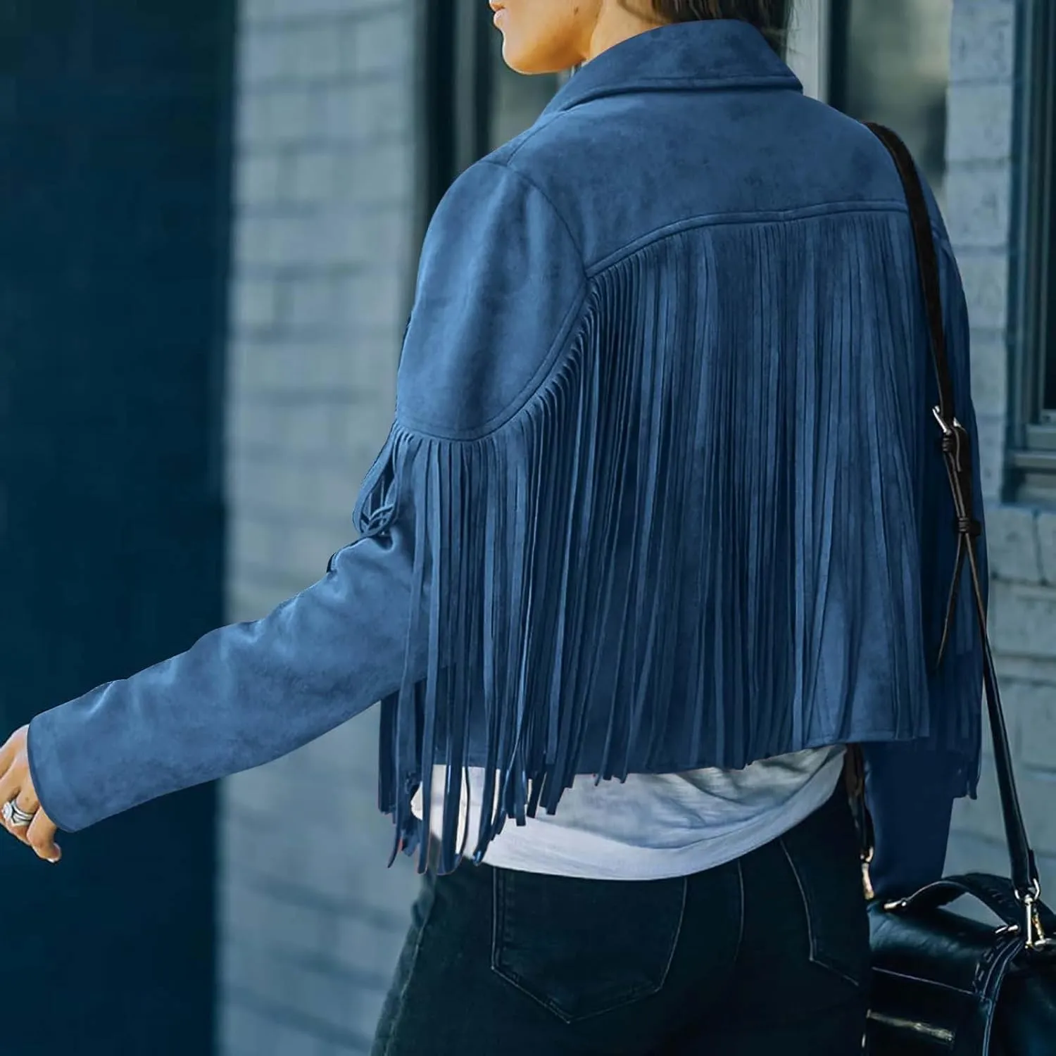 Xiaojmake Women's Fringe Jackets Faux Suede Leather Jackets Tassel Motorcycle Cropped Coats Lapel Open Front Blazer Jacket