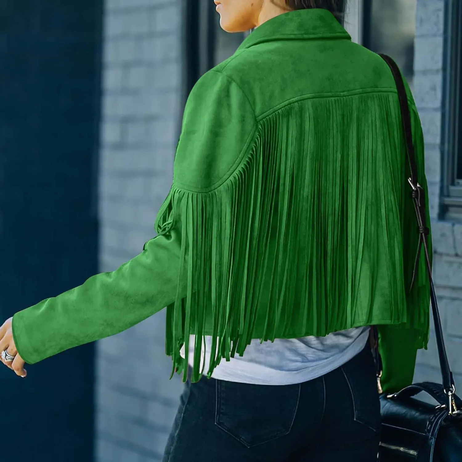 Xiaojmake Women's Fringe Jackets Faux Suede Leather Jackets Tassel Motorcycle Cropped Coats Lapel Open Front Blazer Jacket