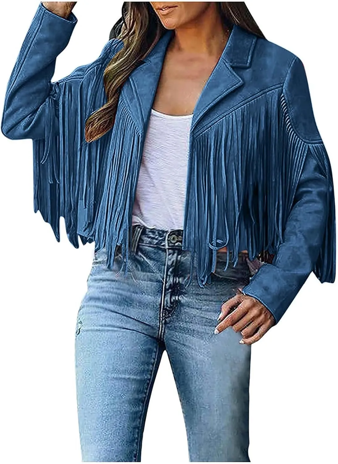 Xiaojmake Women's Fringe Jackets Faux Suede Leather Jackets Tassel Motorcycle Cropped Coats Lapel Open Front Blazer Jacket