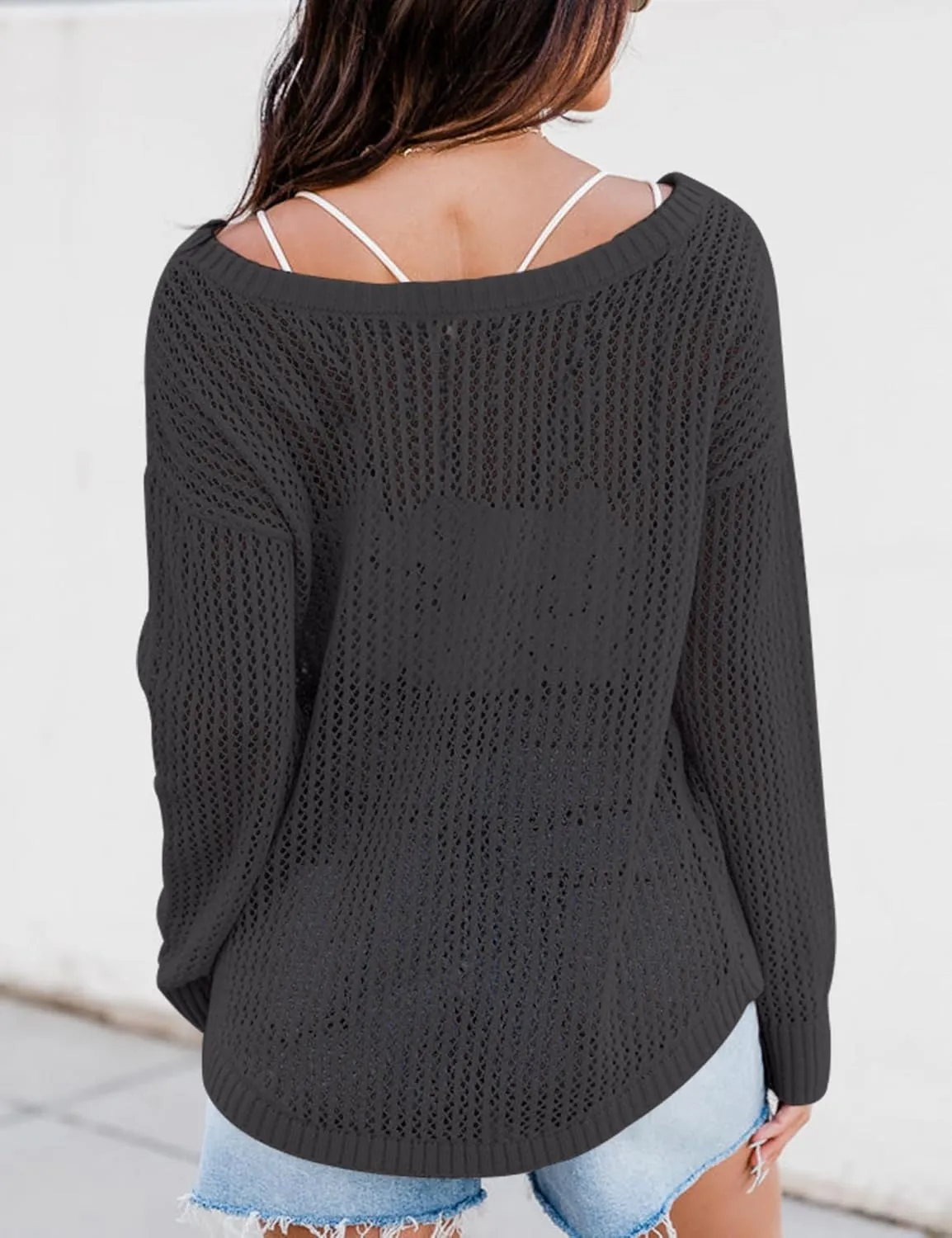 XuBa Women's Crochet Top Shirts Long Sleeve Hollow Out Summer Sweater Knit Cover Up
