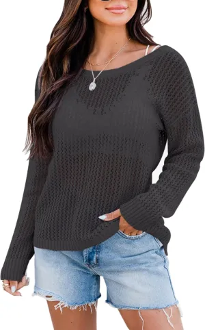 XuBa Women's Crochet Top Shirts Long Sleeve Hollow Out Summer Sweater Knit Cover Up