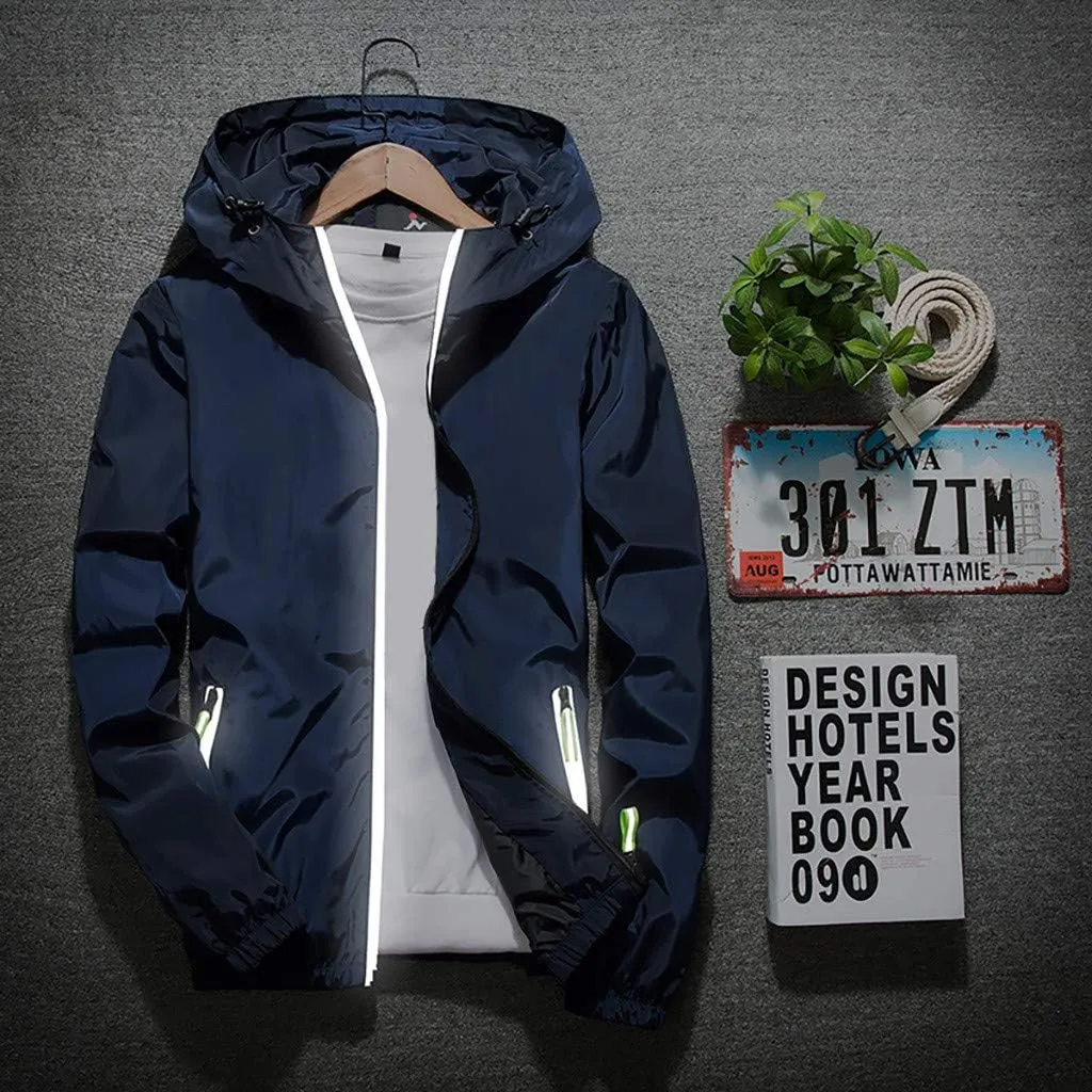 Ymosrh Men's Coats and Jackets Lightweight Windbreaker Casual Refleciton Zip Up Jackets with Hood Rain Jacket, M-7XL
