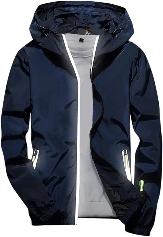 Ymosrh Men's Coats and Jackets Lightweight Windbreaker Casual Refleciton Zip Up Jackets with Hood Rain Jacket, M-7XL
