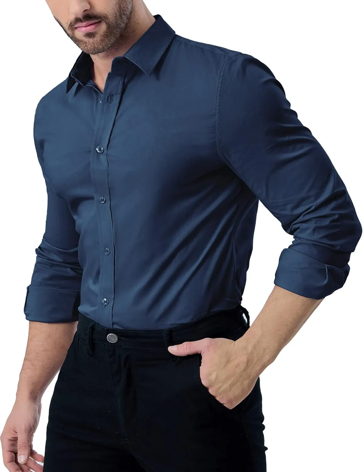 ZAFUL Mens Dress Shirts Slim Fit Button Down Long Sleeve Stretch Collared Shirt Cotton Wrinkle Free Button Up Mens Tops