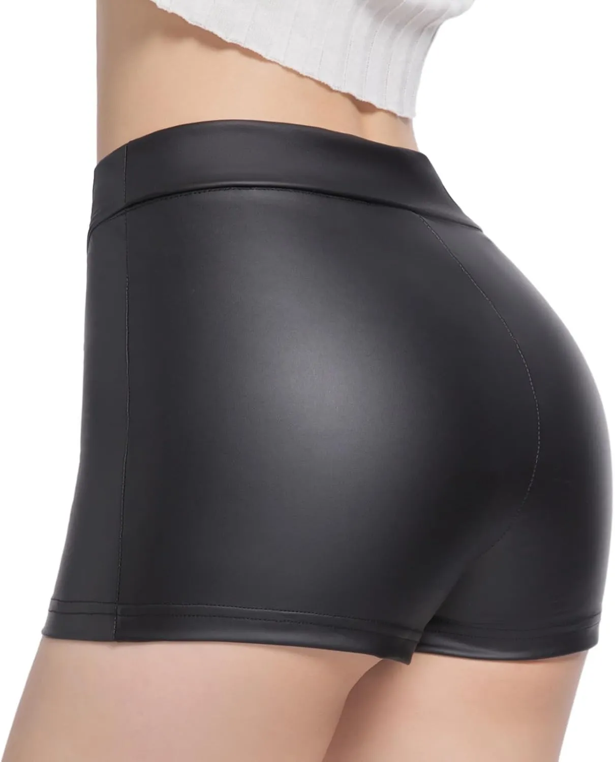 Zebaexf Women Black Leather Shorts High Waist Sexy Legging Faux Stretchy Shorts PU Leather Shorts