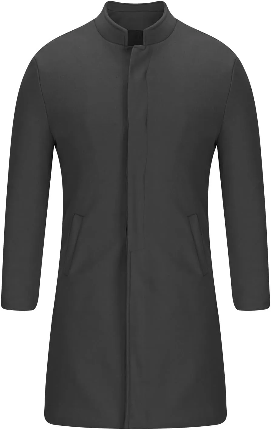 Zeiyignr Men's Trench Coat Mandarin Collar Long Formal Jacket Solid Slim Fit Single Breasted Pea Coats Wool Blend Overcoat