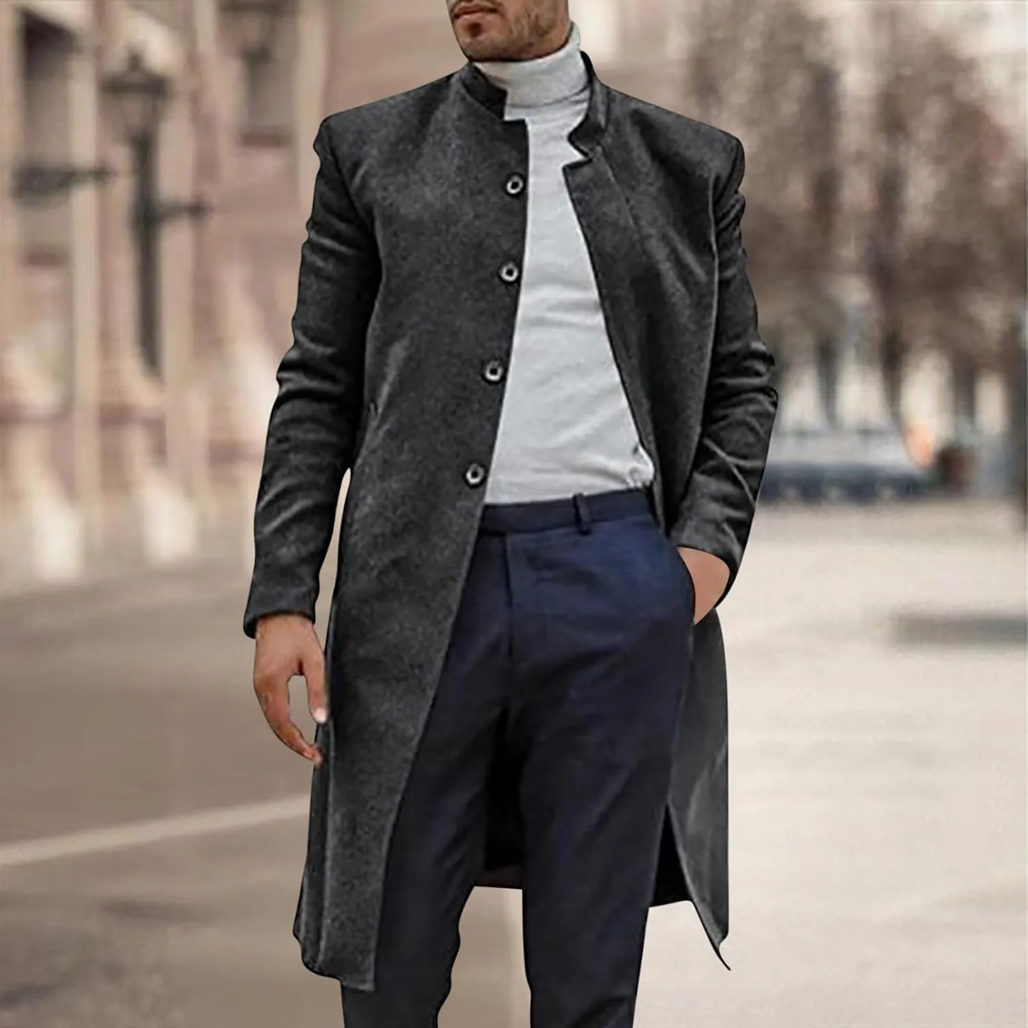 Zeiyignr Men's Trench Coat Mandarin Collar Long Formal Jacket Solid Slim Fit Single Breasted Pea Coats Wool Blend Overcoat