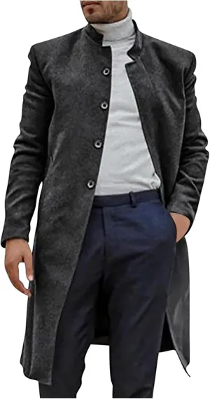 Zeiyignr Men's Trench Coat Mandarin Collar Long Formal Jacket Solid Slim Fit Single Breasted Pea Coats Wool Blend Overcoat