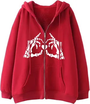 Zip Up Hoodie for Women Oversized Skeleton Graphic Pockets Drawstring Y2K Hooded Sweatshirts Cpmfort Travel Zipper Hoodie
