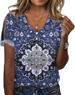 ZOCANIA Boho Tops for Women 2025 Ladies Short Sleeve Tops Summer Blouses Dressy Casual V Neck Cold Shoulder Tunic Shirts