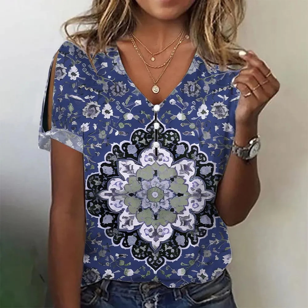 ZOCANIA Boho Tops for Women 2025 Ladies Short Sleeve Tops Summer Blouses Dressy Casual V Neck Cold Shoulder Tunic Shirts