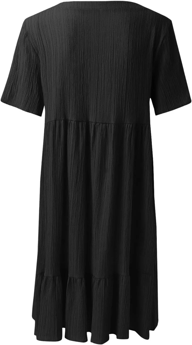 ZYXTIM Women's Casual T Shirt Dress Summer Spring V Neck Short Sleeve Sundress Solid Color Pleated Flowy Swing Shift Dresses