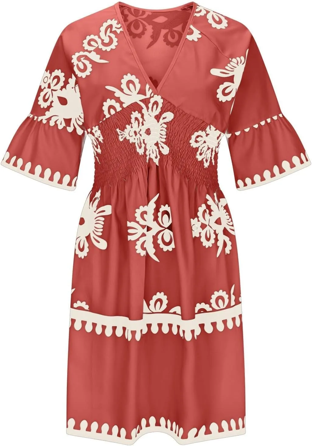 ZYXTIM Women's Elegant V Neck Boho Dresses Plus Size 3/4 Sleeve Smocked Elastic Waist Skater Dress Wedding Guest Dresses