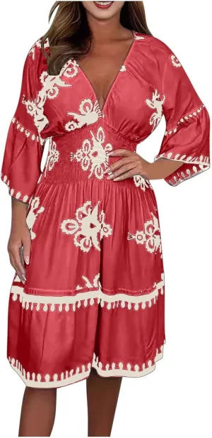 ZYXTIM Women's Elegant V Neck Boho Dresses Plus Size 3/4 Sleeve Smocked Elastic Waist Skater Dress Wedding Guest Dresses