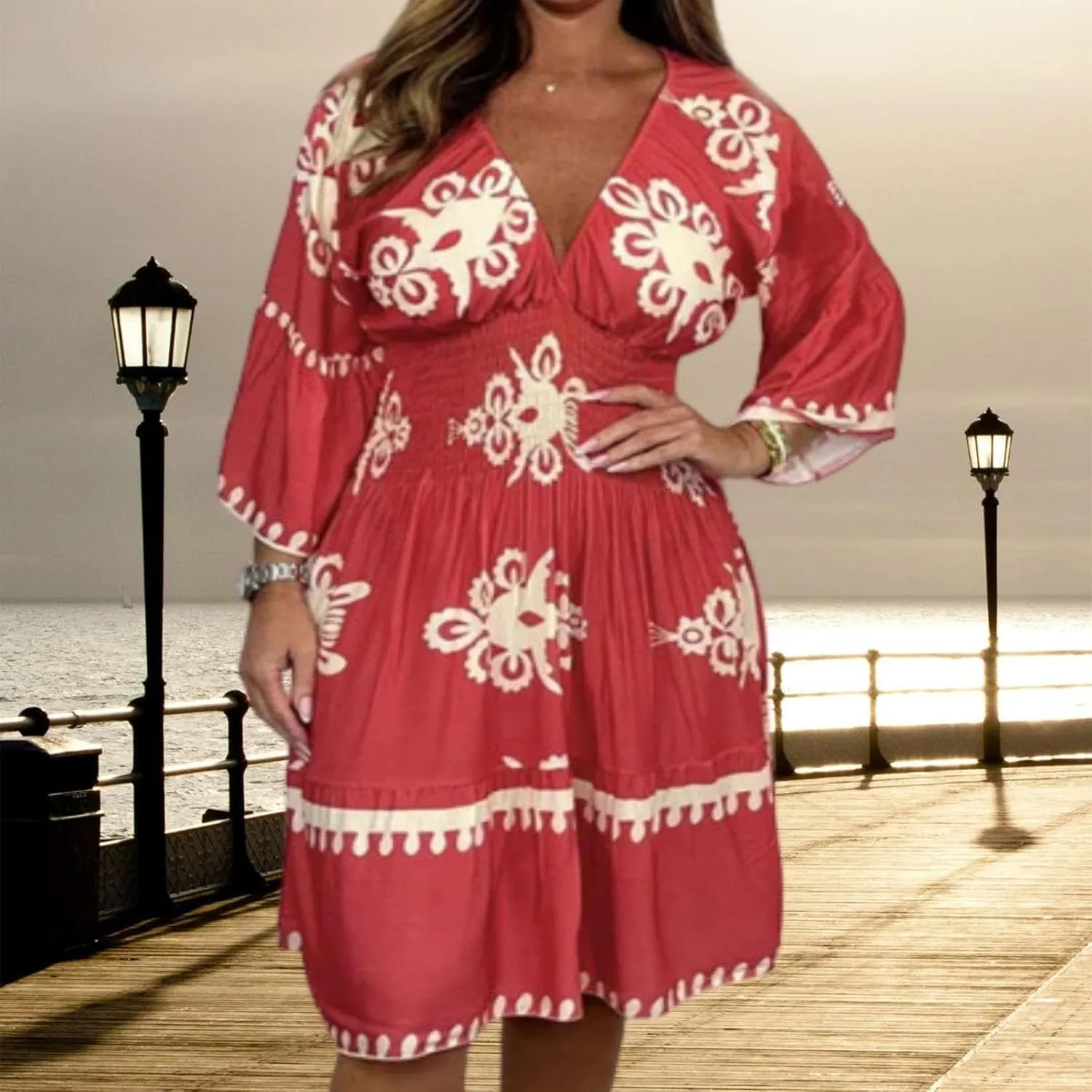 ZYXTIM Women's Elegant V Neck Boho Dresses Plus Size 3/4 Sleeve Smocked Elastic Waist Skater Dress Wedding Guest Dresses