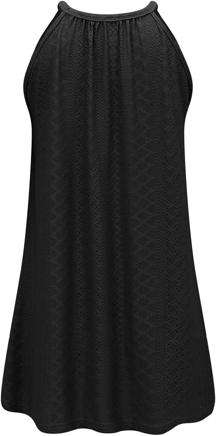 ZYXTIM Women's Eyelet Embroidery Summer Dresses Halter Neck Sleeveless A-Line Ruffle Swing Dresses Beach Resort Wear Dress