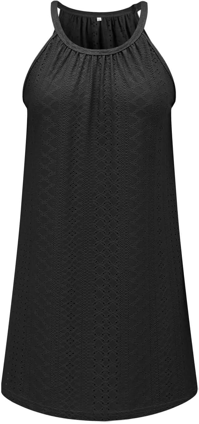 ZYXTIM Women's Eyelet Embroidery Summer Dresses Halter Neck Sleeveless A-Line Ruffle Swing Dresses Beach Resort Wear Dress