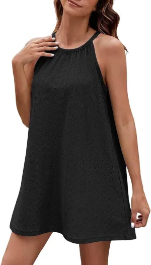 ZYXTIM Women's Eyelet Embroidery Summer Dresses Halter Neck Sleeveless A-Line Ruffle Swing Dresses Beach Resort Wear Dress